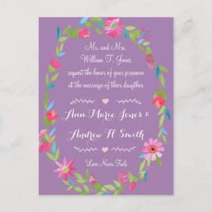 Purple Pink and Green Floral Wreath Wedding Postcard