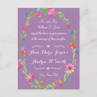 Purple Pink and Green Floral Wreath Wedding Postcard