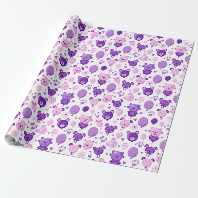Purple Pink and Lavender Bears and Balloons Gift Wrapping Paper (Unrolled)