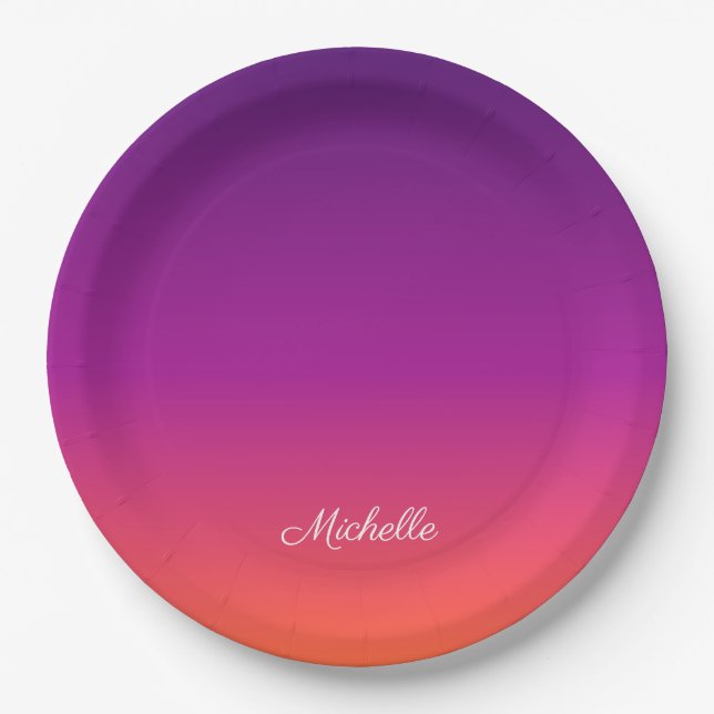 Purple, pink and orange gradient ombre paper plates (Front)