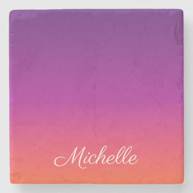 Purple, pink and orange gradient ombre stone coaster (Front)