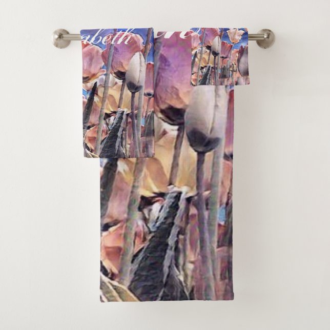 Purple pink and orange tulips bath towel set (Insitu)