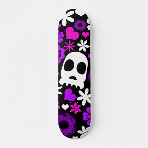 Purple Pink and White Skull and Floral Pattern Skateboard