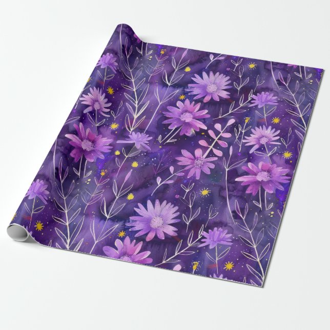 Purple Pink and Yellow Daisy Floral Pattern Wrapping Paper (Unrolled)