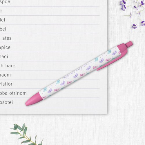 Purple Pink Aqua Butterflies Baby Shower Black Ink Pen