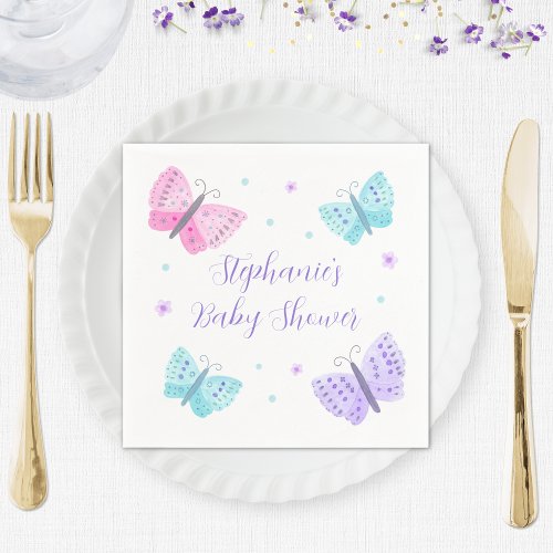 Purple Pink Aqua Butterflies Baby Shower Napkins