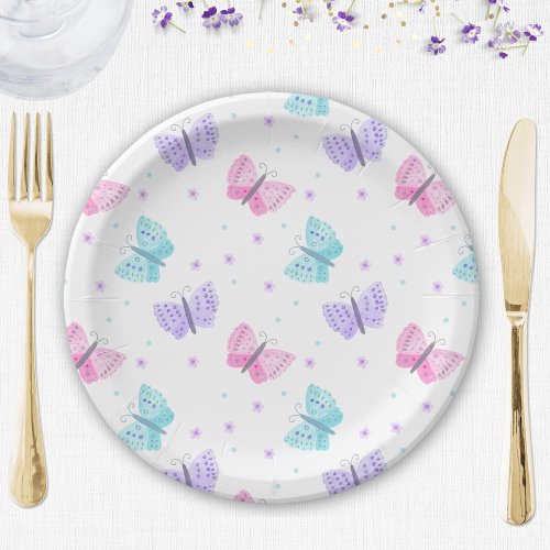 Purple Pink Aqua Butterflies Baby Shower Paper Plates
