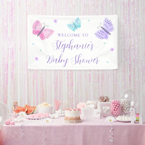 Purple Pink Aqua Butterflies Baby Shower Welcome Banner