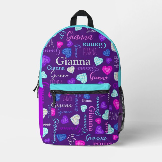 Purple pink aqua diamond custom name all over printed backpack (Front)