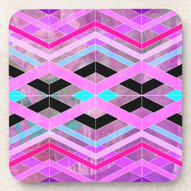 Purple Pink & Aqua Geometric Crossing Stripes Beverage Coaster (Front)
