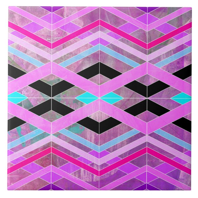 Purple Pink & Aqua Geometric Crossing Stripes Ceramic Tile (Front)