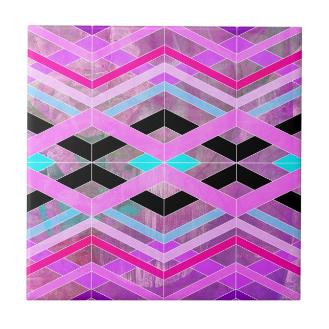 Purple Pink & Aqua Geometric Crossing Stripes Ceramic Tile (Front)