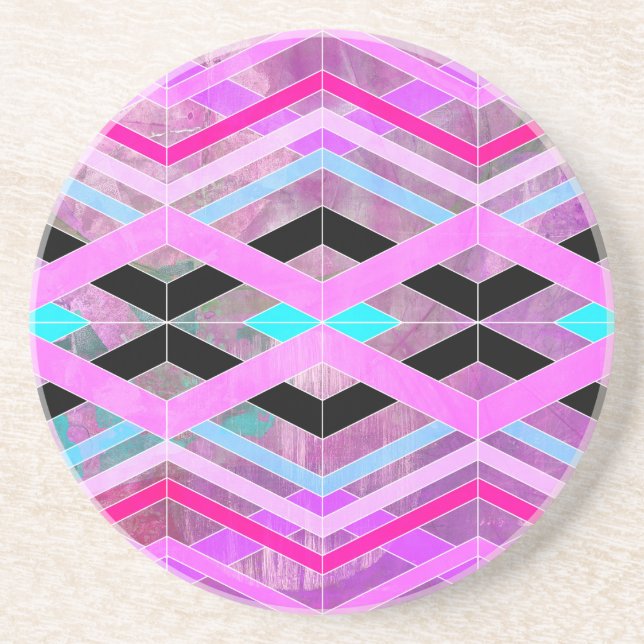 Purple Pink & Aqua Geometric Crossing Stripes Coaster (Front)