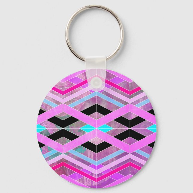 Purple Pink & Aqua Geometric Crossing Stripes Keychain (Front)