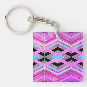 Purple Pink & Aqua Geometric Crossing Stripes Keychain