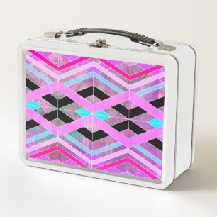 Purple Pink & Aqua Geometric Crossing Stripes Metal Lunch Box