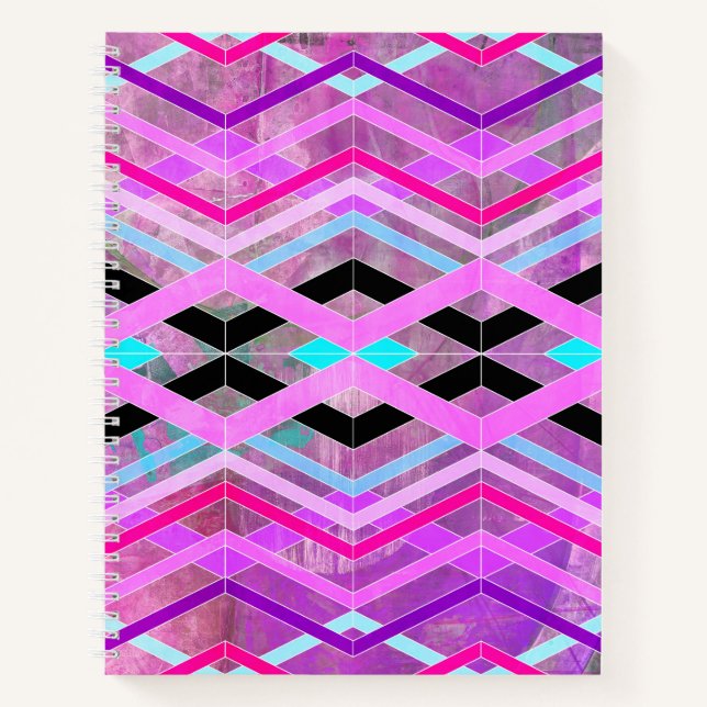 Purple Pink & Aqua Geometric Crossing Stripes Notebook (Front)