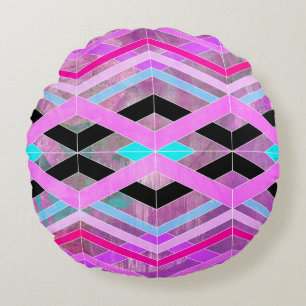 Purple Pink & Aqua Geometric Crossing Stripes Round Pillow