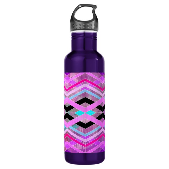 Purple Pink & Aqua Geometric Crossing Stripes Stainless Steel Water Bottle (Front)