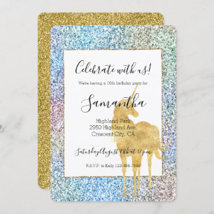 Purple Pink Aqua Gold Unicorn Glitter      Invitation