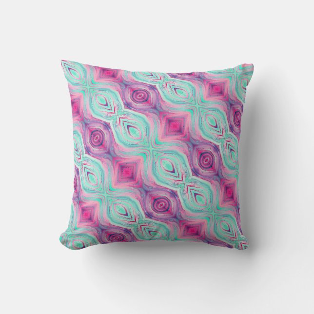 Purple Pink Aqua Pattern Reversible Boho Throw Pillow (Front)