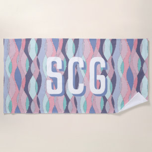 Purple Pink Aqua Wavy Oversized Initials Monogram Beach Towel