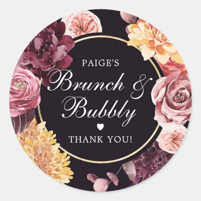 Purple Pink Autumn Floral Bridal Brunch Bubbly Classic Round Sticker (Front)