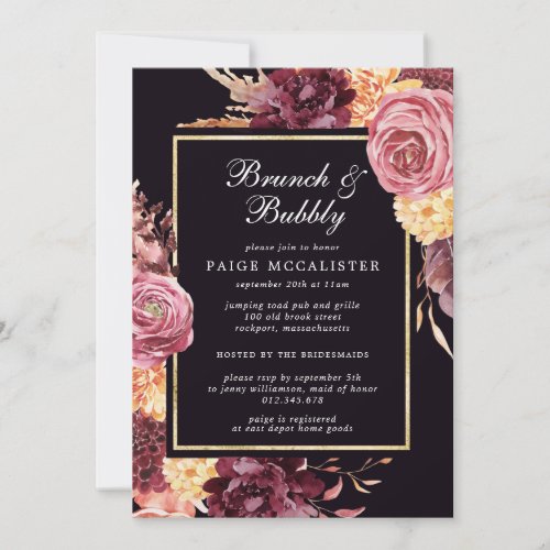 Purple Pink Autumn Floral Bridal Brunch Bubbly Invitation