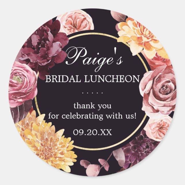 Purple Pink Autumn Floral Bridal Luncheon Classic Round Sticker (Front)