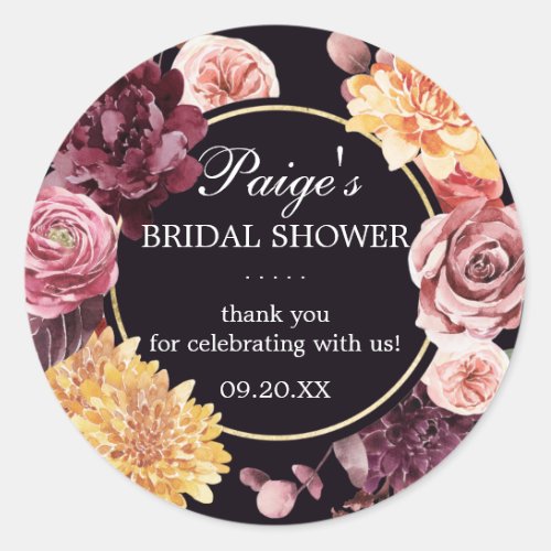 Purple Pink Autumn Floral Bridal Shower Classic Ro Classic Round Sticker