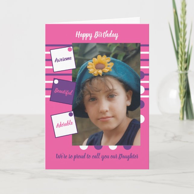 Purple pink awesome daughter photo birthday card (Front)