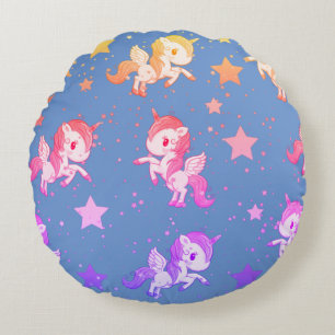 Purple & Pink Baby Unicorns Round Pillow