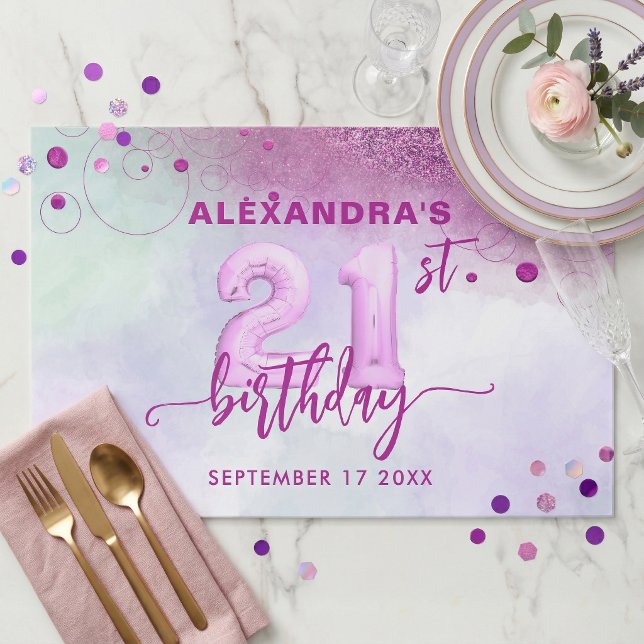 Purple Pink Balloon 21st Birthday Paper Placemat (Creator Uploaded)