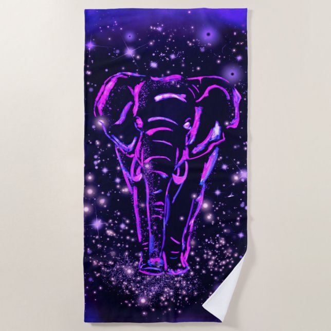 Purple Pink Beach Towel Elephant In Starry Night  (Front)