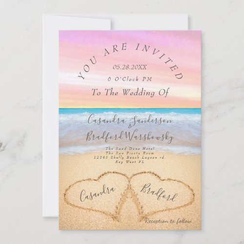 Purple Pink Beach Wedding 2 Hearts Sand Wedding   Invitation