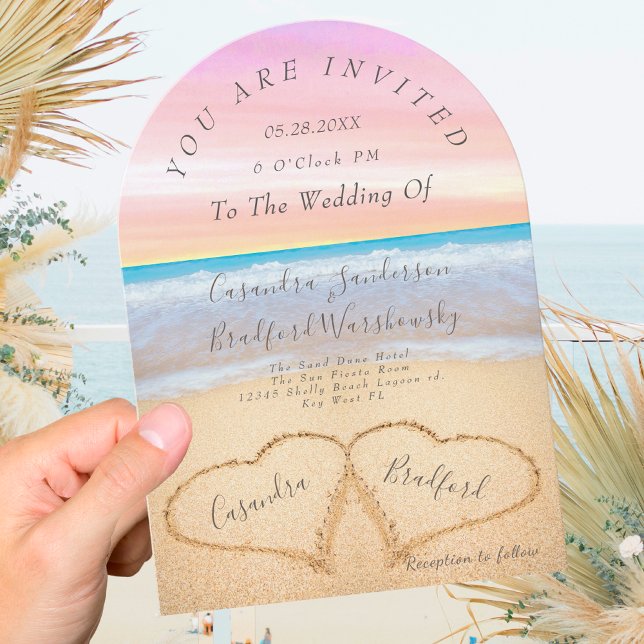 Purple Pink Beach Wedding 2 Hearts Sand Wedding   Invitation (Creator Uploaded)
