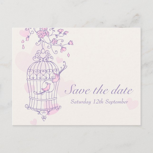 Purple pink bird cage wedding save the date card (Front)
