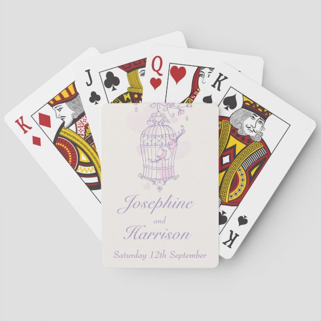 Purple pink birds cage wedding name playing cards (Back)