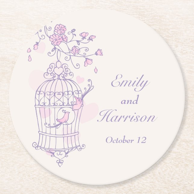 Purple & pink birds open cage wedding coasters (Front)