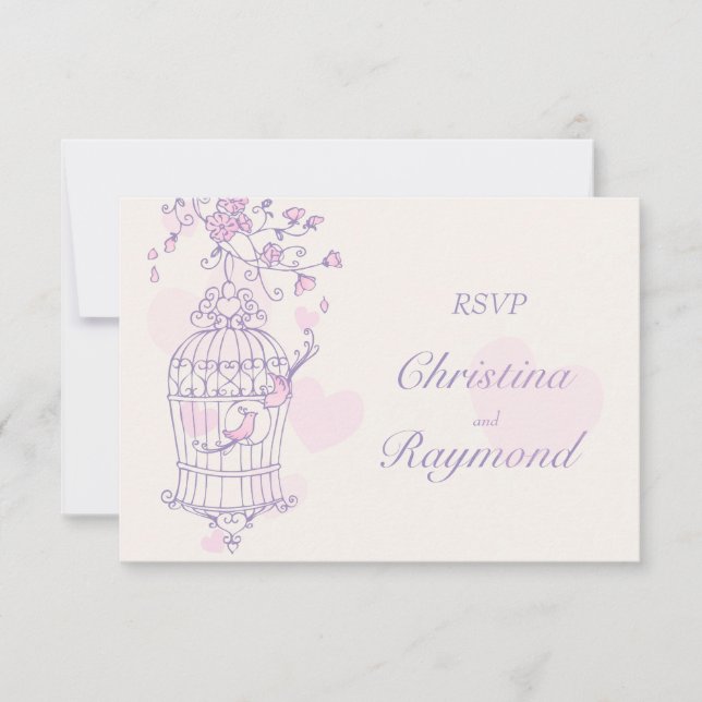 Purple & pink birds open cage wedding RSVP Card (Front)