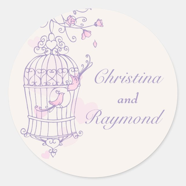 Purple & pink birds open cage wedding sticker (Front)