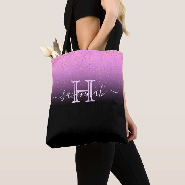 Purple pink black gradient monogram name chic tote bag (Close Up)