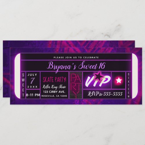 Purple Pink Black Light Glow Birthday Party Ticket Invitation