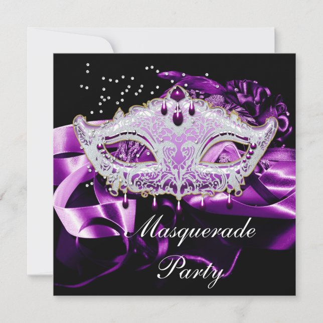 Purple Pink Black Mask Masquerade Ball Party Invitation (Front)