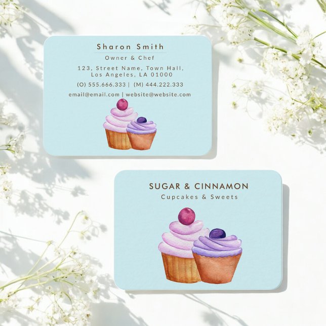 Purple Pink Blue Bakery Cup Cakes Baker Business Card (Creator Uploaded)