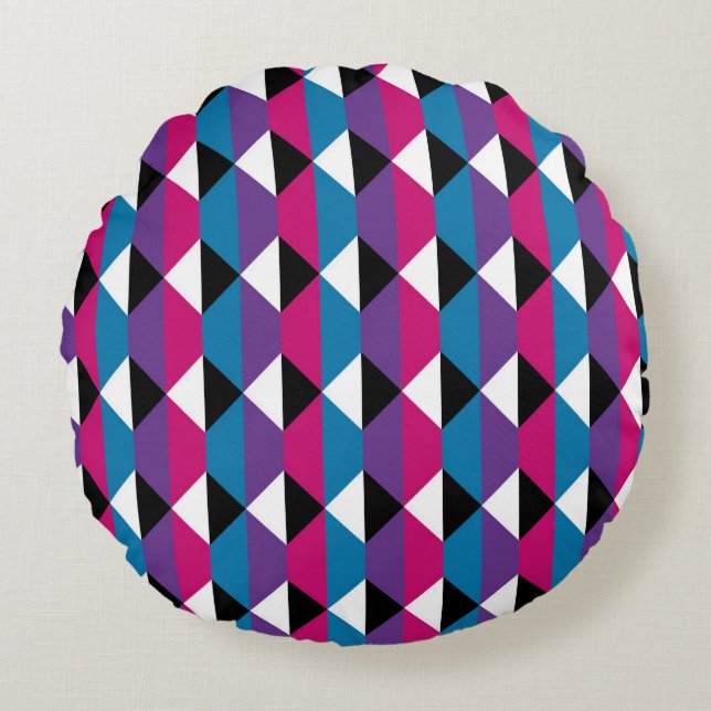 Purple, Pink, Blue, Black and White Diamond Round Pillow (Front)