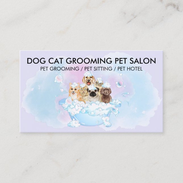 Purple Pink Blue Dogs Cats Shower Pet Groomer Business Card (Front)