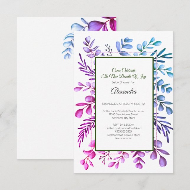 Purple Pink Blue Eucalyptus Baby Shower invitation (Front/Back)