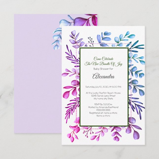 Purple Pink Blue Eucalyptus Baby Shower invitation (Front/Back)