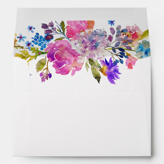 Purple Pink & Blue Flower Lined Wedding Invitation Envelope (Back (Bottom))